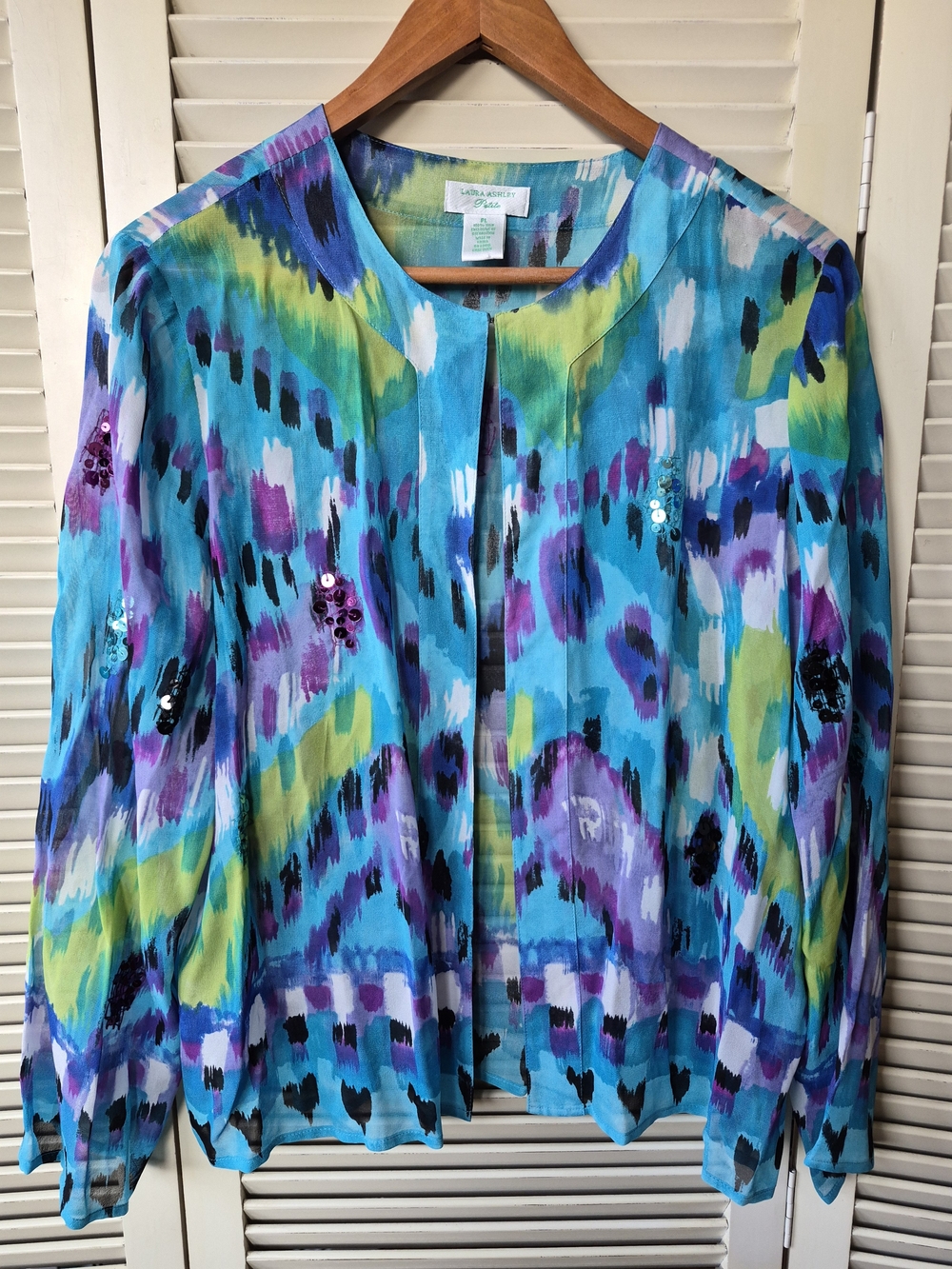 Laura Ashley 100% Silk Watercolor Print Open Front Blouse Size Petite Large